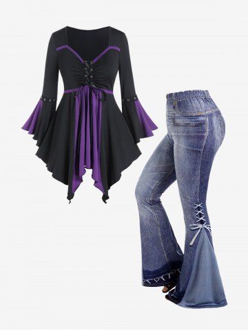 Flare Sleeves Lace Up Handkerchief Tee and 3D Jeans Printed Flare Pants Plus Size Outfit - PURPLE