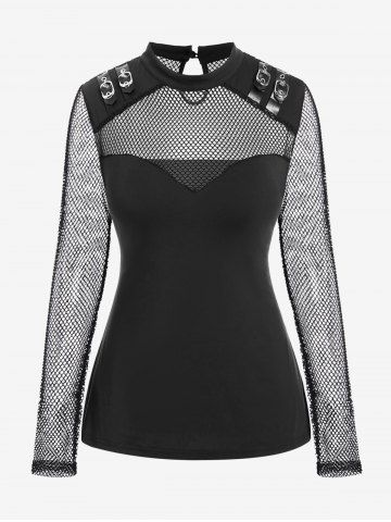 Gothic Sheer Fishnet Panel Buckled Long Sleeve Top - BLACK - 1X | US 14-16