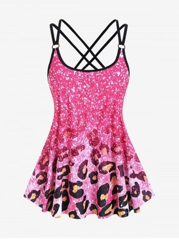 Plus Size Sparkly Leopard Rings Crisscross Strappy Tankini Top - LIGHT PINK - M | US 10