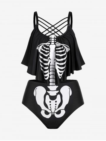 Plus Size Skeleton Print Flounce Crisscross Strappy Tankini Swimsuit - BLACK - L | US 12