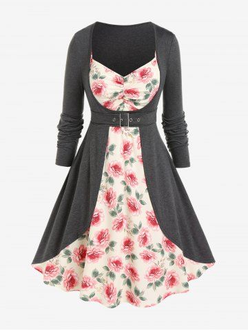 Vestido Midi en a Línea con Estampado Floral de Talla Grande - GRAY - 5X | US 30-32