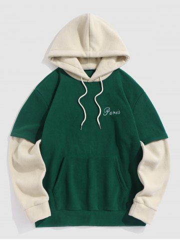 Two Tone Paris Embroidered Fuzzy Fleece Hoodie - GREEN - L