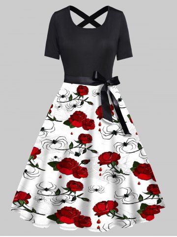 Flower Spider Print Bowknot Belt Short Sleeve A Line Dress - BLACK - S