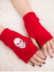 Embroidered Skull Rose Knitted Fingerless Gloves -  