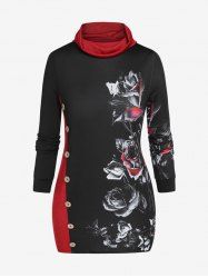 Plus Size Flower Print Mock Button Cowl Neck Sweatshirt -  