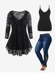 Plus Size Ruffle Sheer Lace Blouse and Camisole Set and Lace-up Jeans Outfit -  