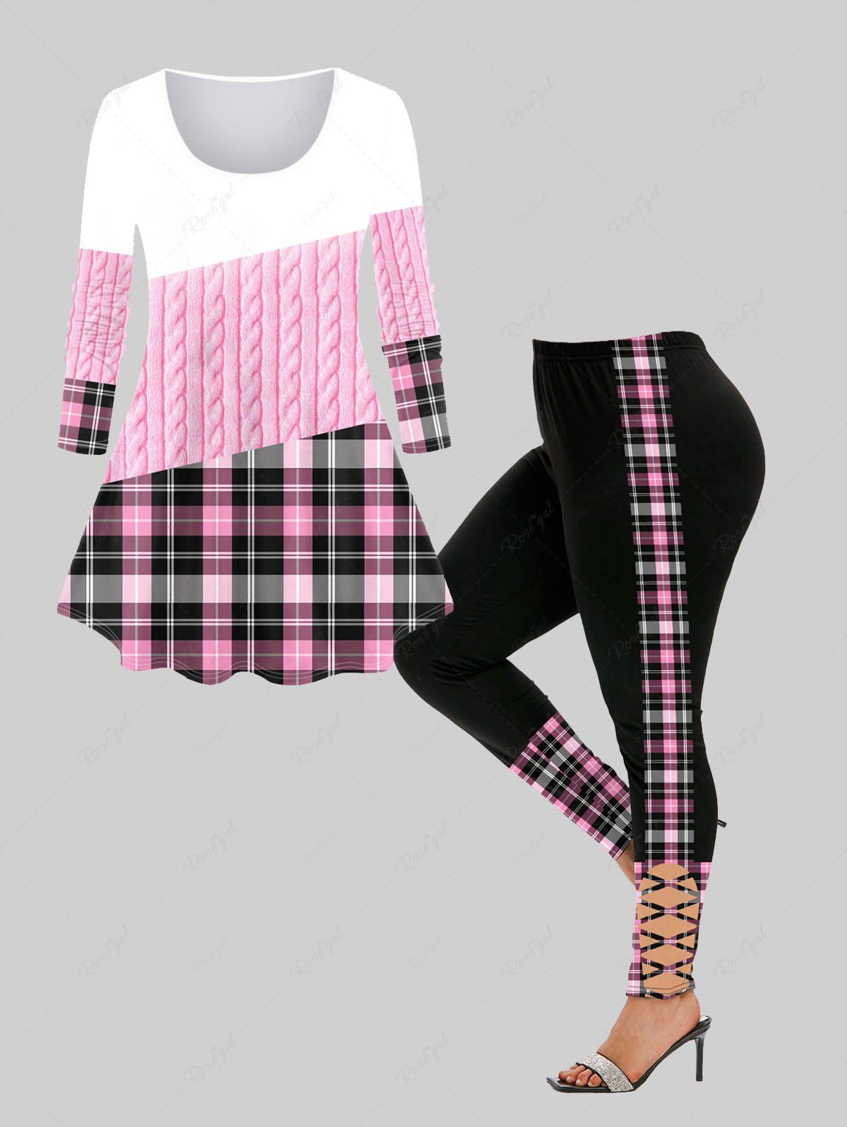 Chic 3D Cable Knit Checked Print T-shirt and Leggings Plus Size Outfit  