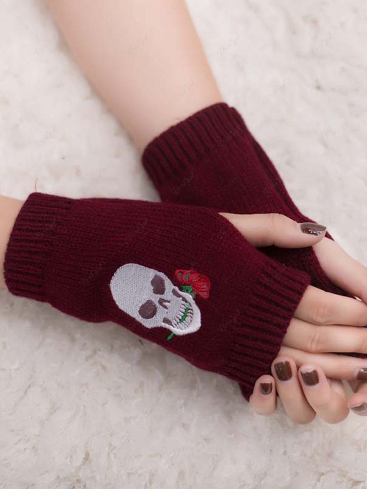 Gants Tricotés Motif de Rose Crâne Brodées sans Doigts Rouge foncé 