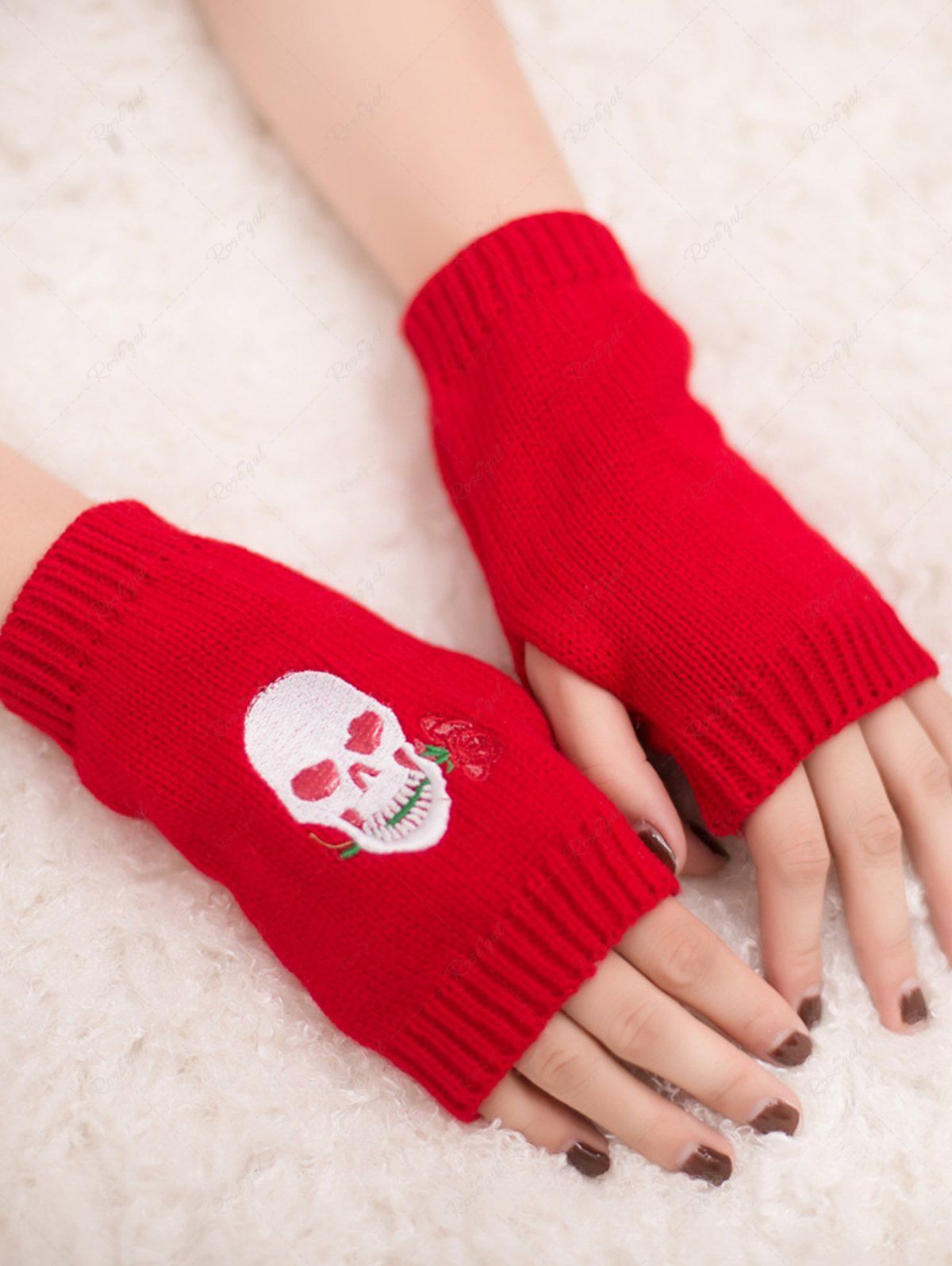 Gants Tricotés Motif de Rose Crâne Brodées sans Doigts Rouge 