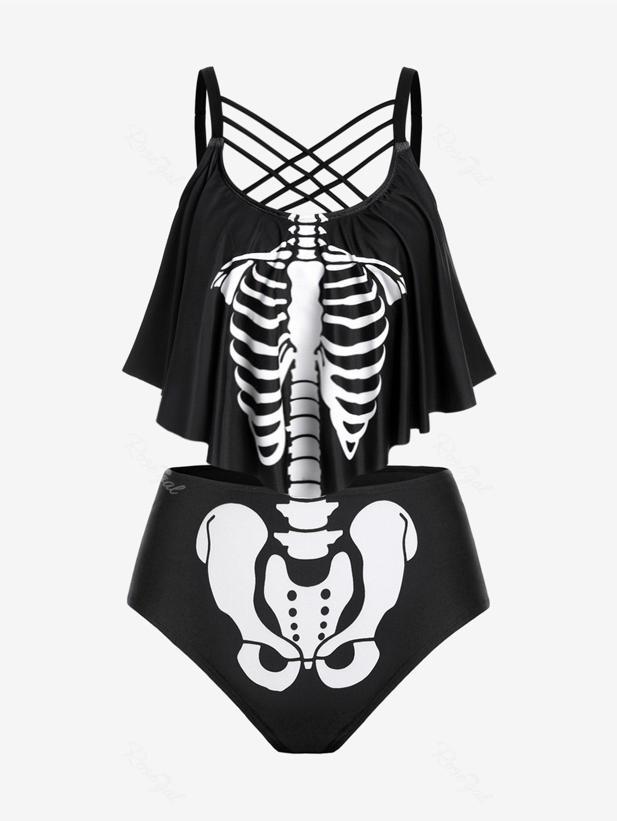 Best Plus Size Skeleton Print Flounce Crisscross Strappy Tankini Swimsuit  