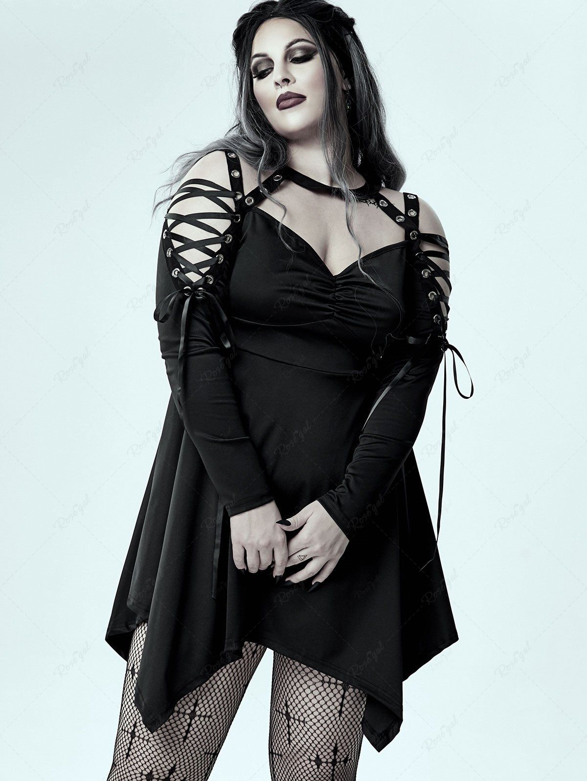 New Gothic Choker Lace Up Cutout Handkerchief Dress  
