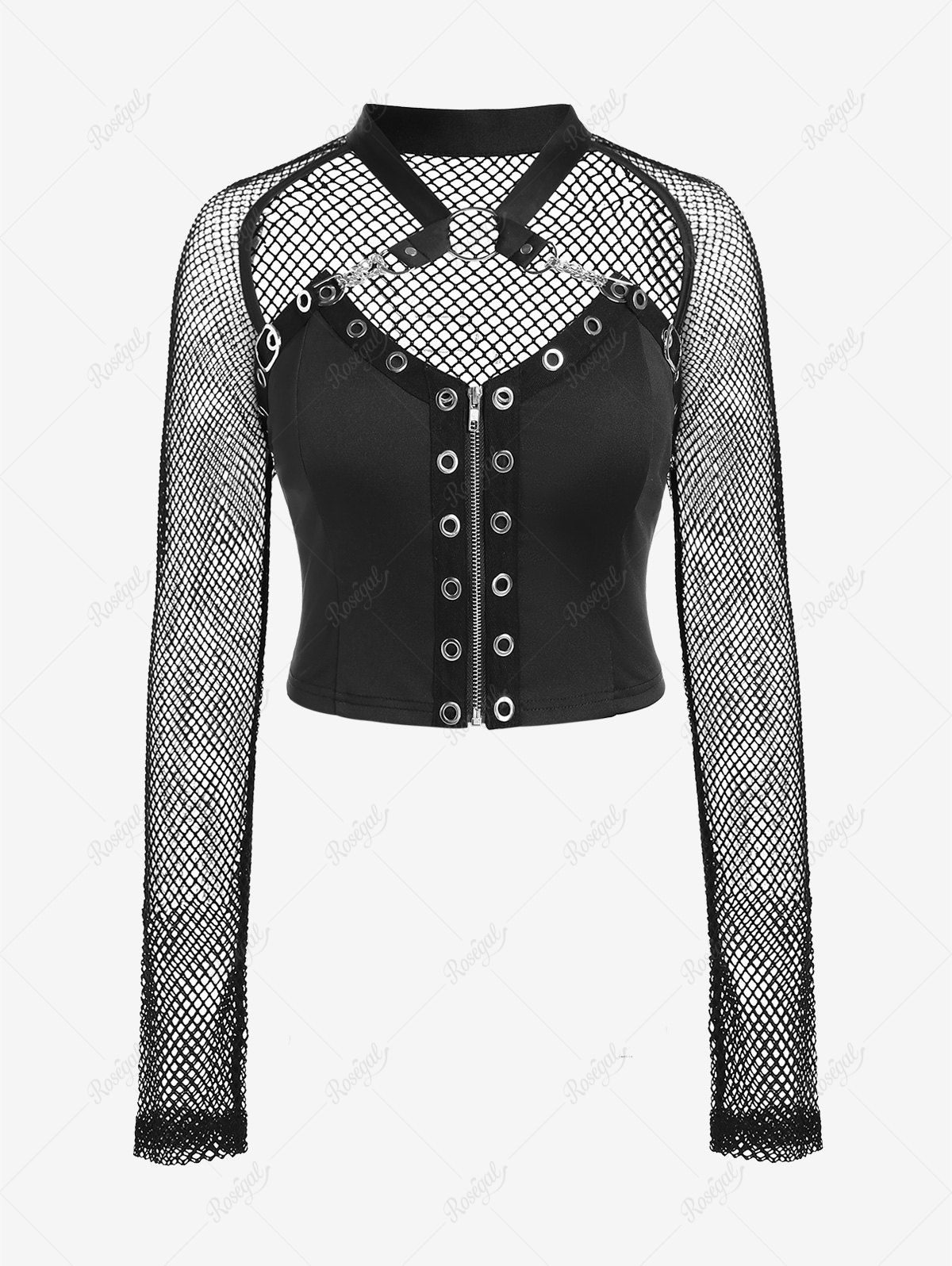 Chic Gothic Sheer Fishnet Cutout Grommets Ring Zip Front Crop Top  