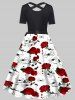 Robe Ligne A Ceinturée à Imprimé Fleur et Araignée à Manches Courtes - Noir L