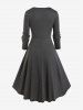 Robe Mi-Longue Ligne A à Imprimé Fleurie Bouclée de Grande Taille à Manches Longues - Gris 5x | US 30-32