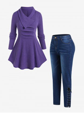 Plus Size Shawl Neck Ribbed Solid Pullover Jumper and Lace Up Jeans Outfit - PURPLE