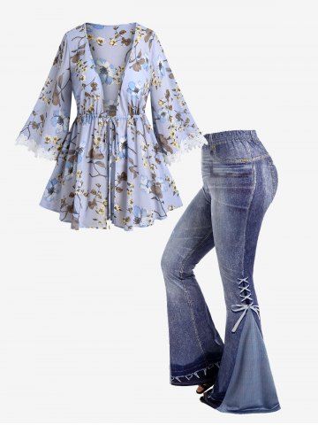 Front Tie Floral Print Kimono and 3D Jeans Lace-up Pattern Printed Flare Pants Plus Size Outerwear Outfit