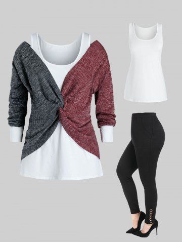 Two Tone Twist Sweater and Tank Top Set and Hollow Out High Rise Leggings with Pockets Plus Size Outerwear Outfit