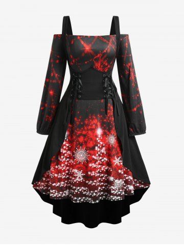 Plus Size Printed Off The Shoulder Christmas Midi Dress and Lace Up Corset Long Top Set - BLACK - L