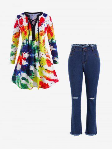 Lace Up Splatter Paint Long Sleeve Tee and Distressed Frayed Pencil Jeans Plus Size Outfits - BLUE
