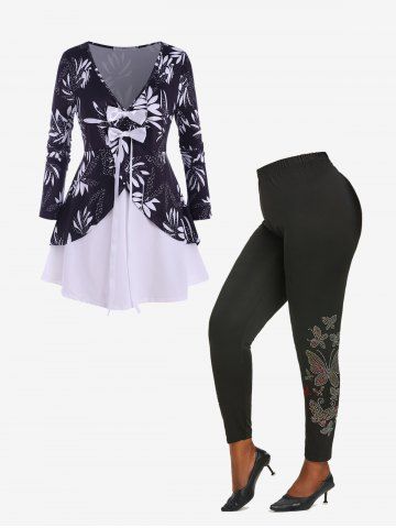 Leaf Print Bowknot Twofer T Shirt and Rhinestone Butterfly Embellished Leggings Plus Size Outfits - BLACK