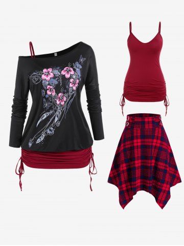 Skew Neck Floral Print Tee and Cinched Cami Top and Plaid Buckle Handkerchief Skirt Plus Size Outfits - RED