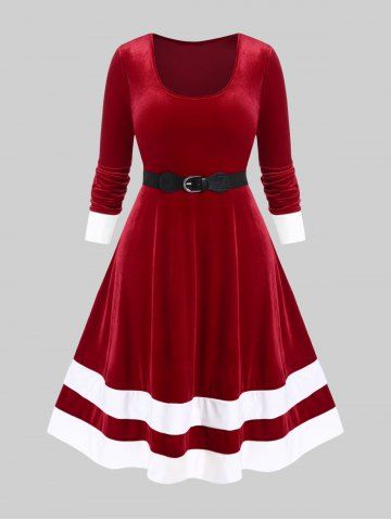 Plus Size Christmas Velvet Contrast Trim Vintage Dress with Buckled Belt - RED - L | US 12
