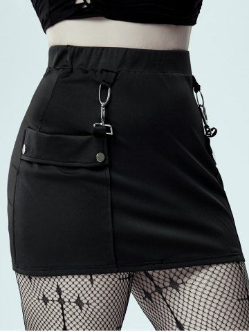 Gothic Buckled Patch Pockets Mini Bodycon Skirt - BLACK - 2X | US 18-20