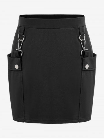 Gothic Buckled Patch Pockets Mini Bodycon Skirt - BLACK - 3X | US 22-24
