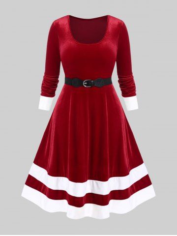 Robe Vintage à Brodure Contrastée de Grande Taille en Velours avec Ceinture Bouclée - RED - S | US 8