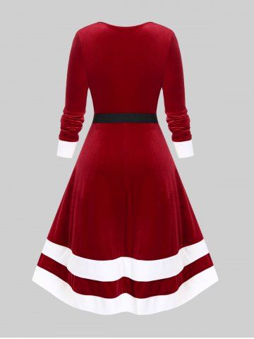 Plus Size Christmas Velvet Contrast Trim Vintage Dress with Buckled Belt