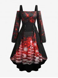 Plus Size Printed Off The Shoulder Christmas Midi Dress and Lace Up Corset Long Top Set -  
