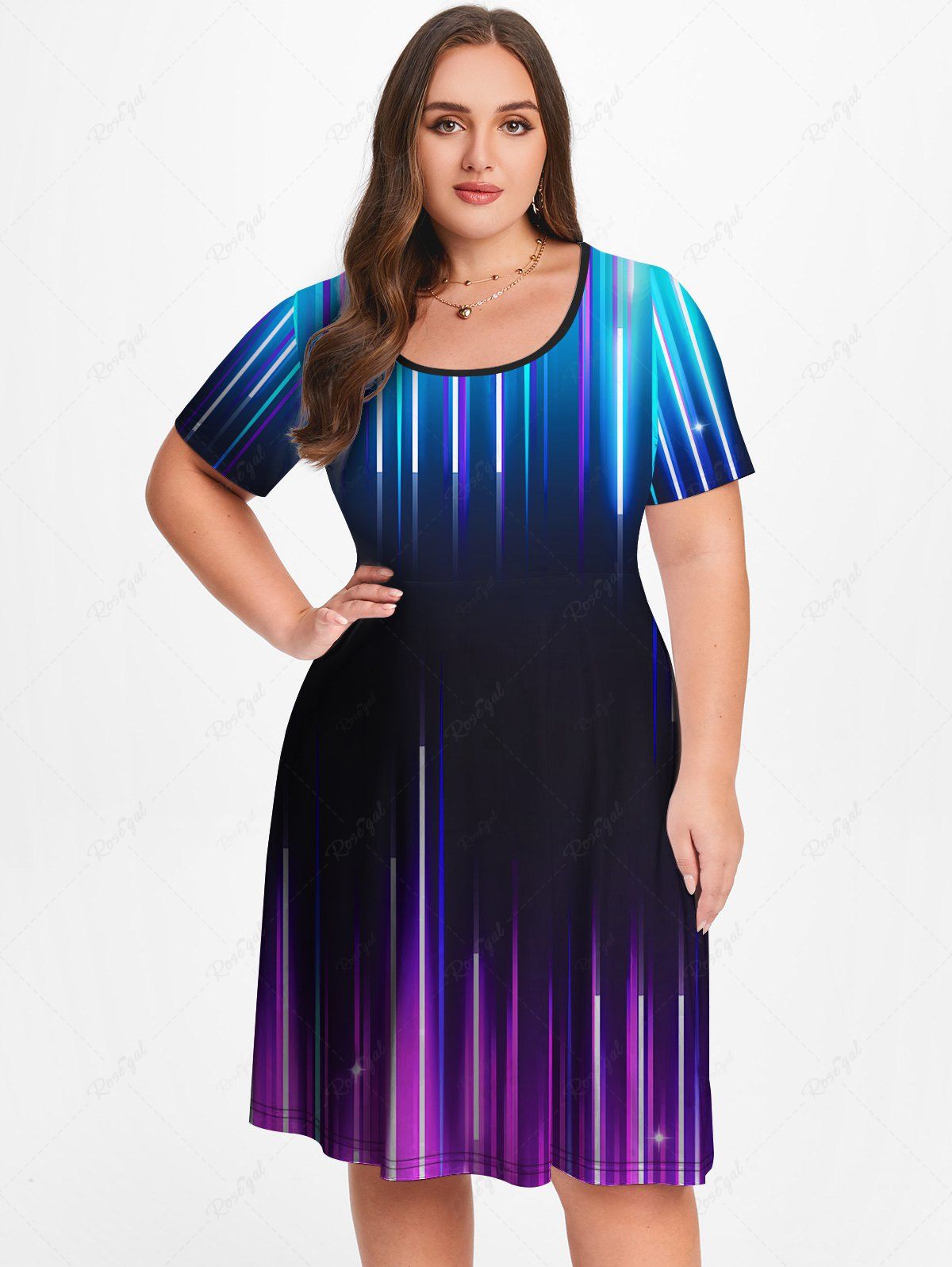Unique Plus Size Beam Light Printed Short Sleeves A Line Dress  