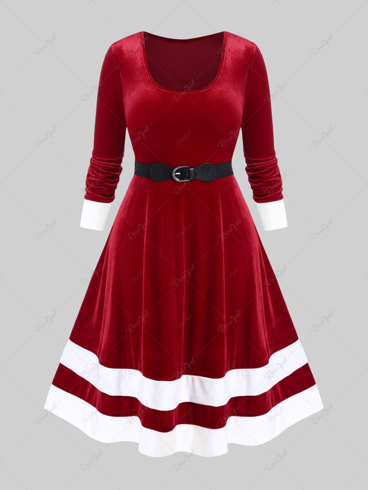 Trendy Plus Size Christmas Velvet Contrast Trim Vintage Dress with Buckled Belt  