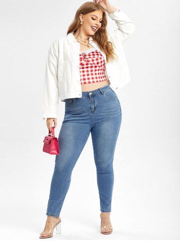 Pockets Denim Jacket with Gingham Bra Top and Studded Skinny Jeans Plus Size Trio Outfit - WHITE