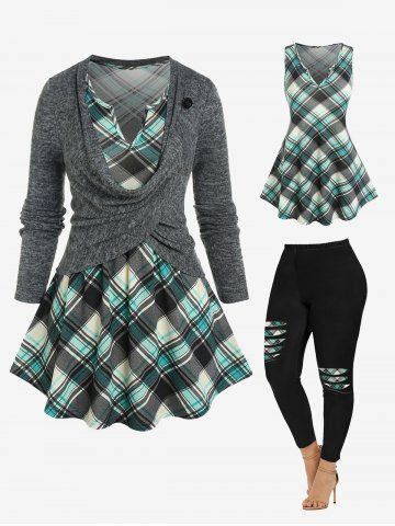Convertible Tee and Plaid Tank Top Set and 3D Ripped Plaid Printed Leggings Plus Size Outfit - GREEN