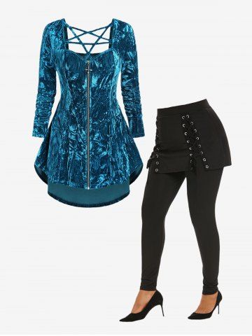 Gothic Crushed Velour Caged Cutout Zip Front Long Sleeve Top and Lace Up Skirted Pants Outfit - BLUE