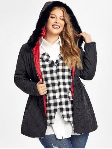Faux Fur Panel Hooded Quilted Jacket and Plaid 2 in 1 Shirt Plus Size Winter Outfit - MULTI