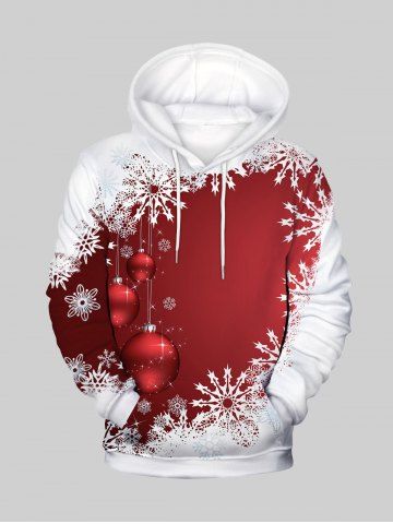Mens Christmas Snowflake Ball Print Flocking Lined Front Pocket Hoodie - RED - 5XL