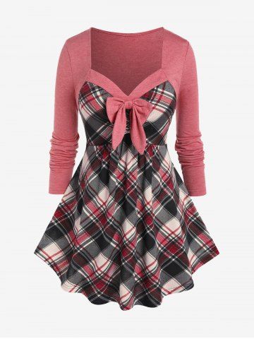 Plus Size Bowknot Sweetheart Neck Plaid Tee - LIGHT PINK - M | US 10