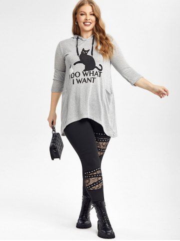 Hooded Pockets High Low Graphic Top and Lace Panel Studded Pants Plus Size Outfit - GRAY