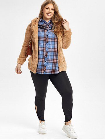 Ensemble de Manteau à Capuche Long à Carreaux en Fausse Fourrure et Legging Skinny Découpé Grande Taille - LIGHT COFFEE