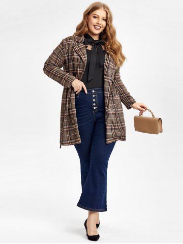 Mesh Butterfly Embroidered Pussy Bow Top and Plaid Drawstring Open Front Coat Plus Size Outfits - COFFEE