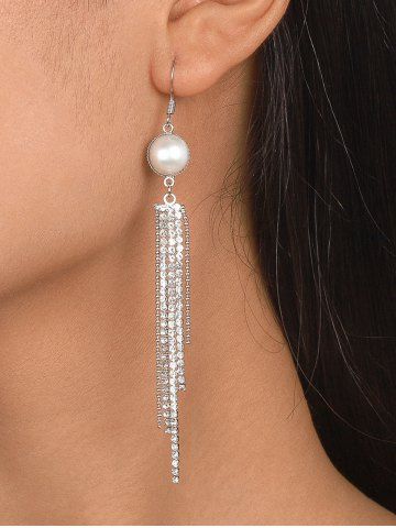 Rhinestone Faux Pearl Tassel Drop Earrings - WHITE