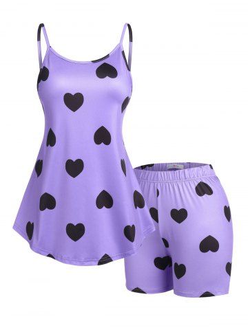 Plus Size Valentine Day Heart Print Cami Top and Shorts Pajamas Set - PURPLE - L | US 12