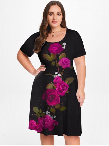 Plus Size Valentine Day Rose Print A Line Knee Length Dress - DEEP RED - 1X | US 14-16