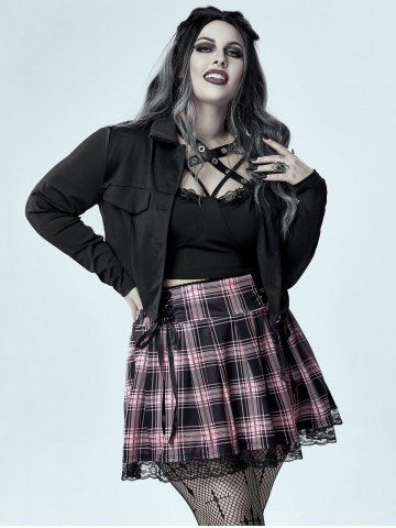 Multi-zip Short Jacket and Plaid Lace Up Mini Pleated Skirt Gothic Outfit - MULTI
