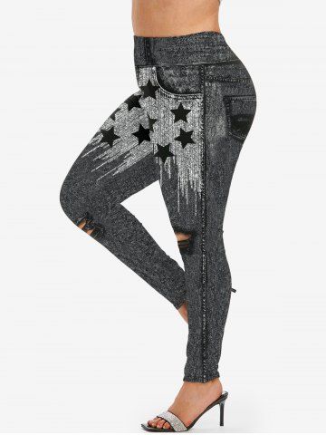 Plus Size 3D Jeans Star Ripped Printed Jeggings