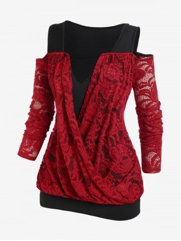 Plus Size Valentine Day Floral Lace Overlay Cold Shoulder Draped Top - DEEP RED - L | US 12