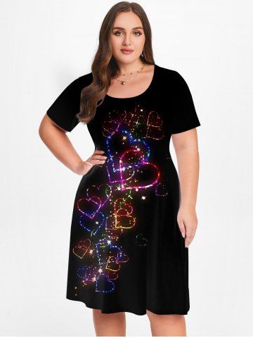 Plus Size Valentines 3D Sparkles Heart Printed Short Sleeves A Line Dress