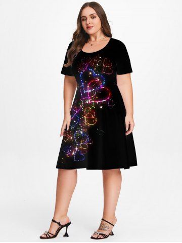 Plus Size Valentines 3D Sparkles Heart Printed Short Sleeves A Line Dress